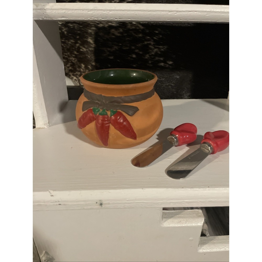 Vintage Terra Cotta Mexican Pottery Salsa Bowl Hand painted Red Chili‎ Peppers